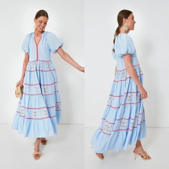 Tuckernuck HYACINTH HOUSE Blue Pinstripe Embroidered V-Neck Lillian Maxi Dress M - Picture 4 of 12